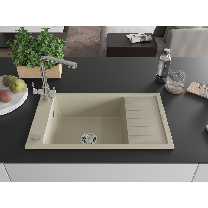 Mexen Elias Granitspüle 1-Kammer mit Abtropffläche und Küchenarmatur Duero, beige - 6511-69-671600-00