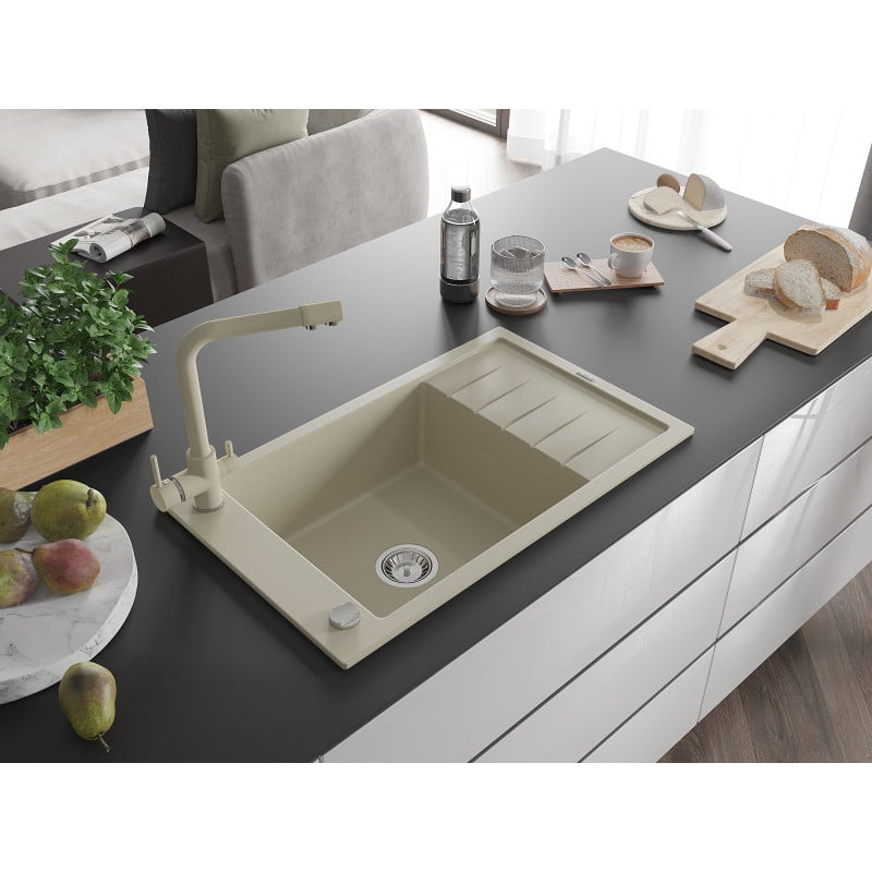 Mexen Elias Granitspüle 1-Becken mit Abtropffläche und Küchenarmatur Duero, beige - 6511-69-671600-69