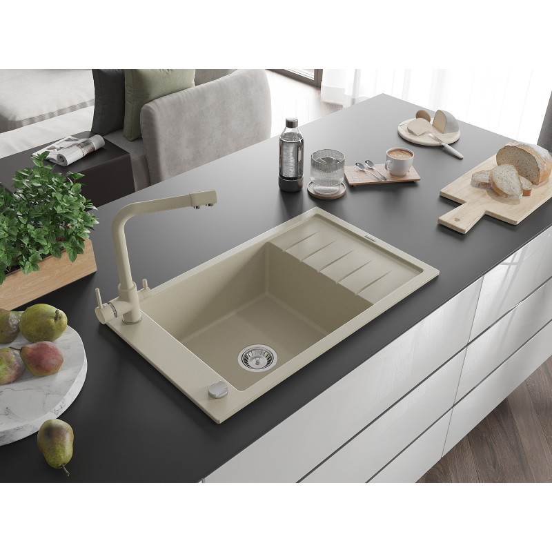 Mexen Elias Granitspüle mit 1 Becken mit Abtropffläche und Küchenarmatur Duero, beige - 6511-69-671600-69