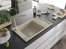 Mexen Elias Granitspüle 1-Becken mit Abtropffläche und Küchenarmatur Duero, beige - 6511-69-671600-69