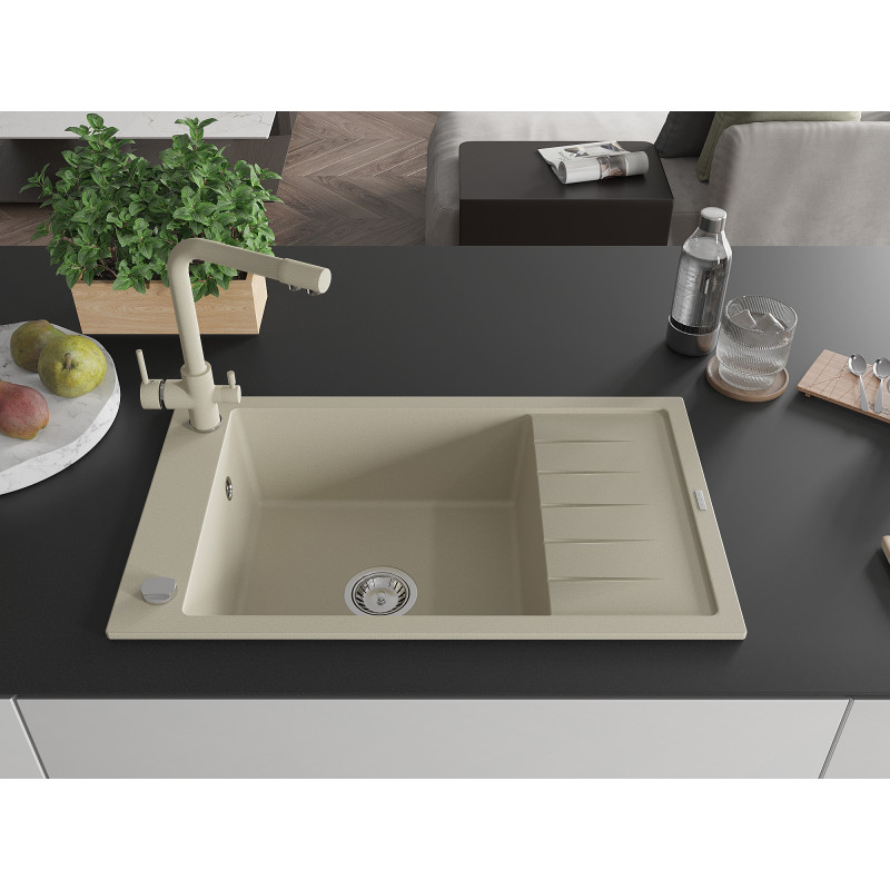 Mexen Elias Granitspüle 1-Becken mit Abtropffläche und Küchenarmatur Duero, beige - 6511-69-671600-69