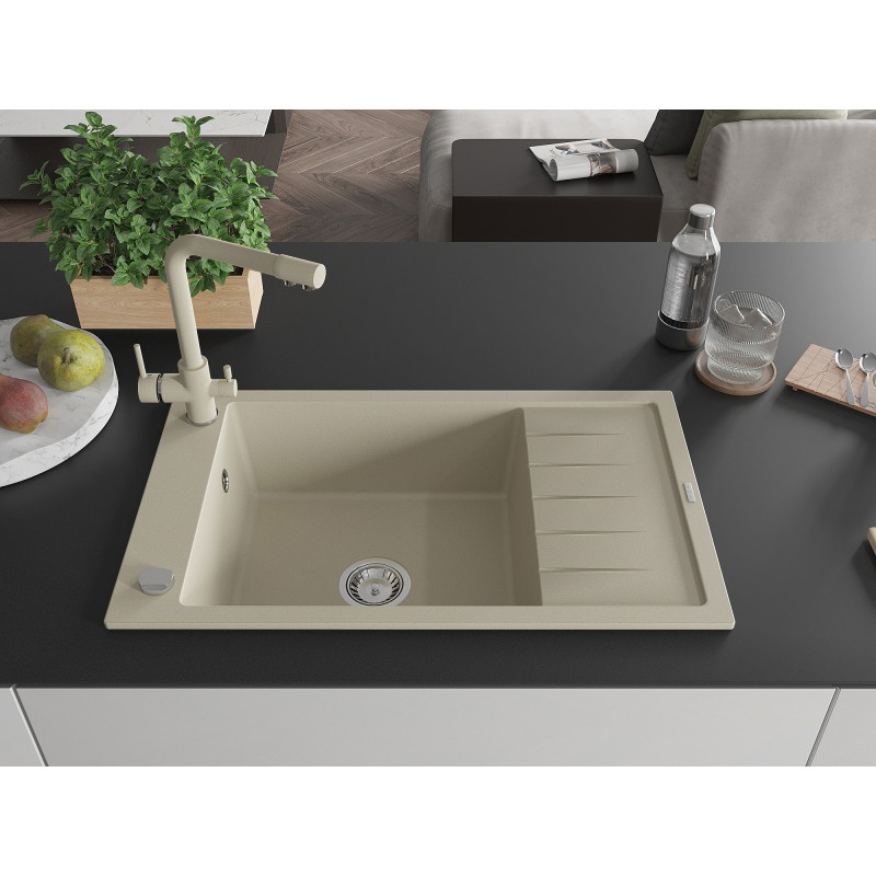 Mexen Elias Granitspüle mit 1 Becken mit Abtropffläche und Küchenarmatur Duero, beige - 6511-69-671600-69