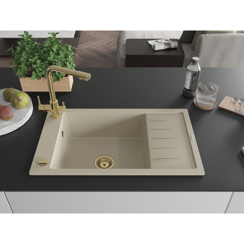 Mexen Elias Granitspüle 1-Becken mit Abtropffläche und Küchenarmatur Duero, beige - 6511-69-671600-50