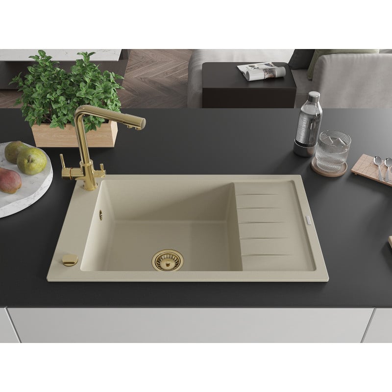 Mexen Elias Granitspüle einbecken mit Abtropffläche und Küchenarmatur Duero, beige - 6511-69-671600-50