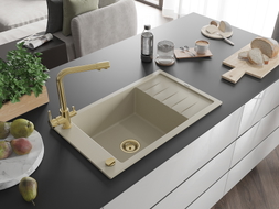 Mexen Elias Granitspüle 1-Becken mit Abtropffläche und Küchenarmatur Duero, beige - 6511-69-671600-50