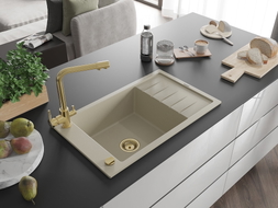 Mexen Elias Granitspüle einbecken mit Abtropffläche und Küchenarmatur Duero, beige - 6511-69-671600-50