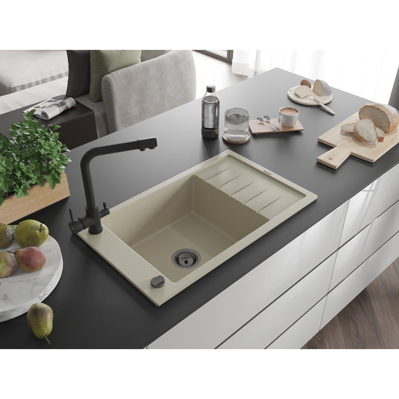 Mexen Elias Granitspüle 1-Becken mit Abtropffläche und Küchenarmatur Duero, beige - 6511-69-671600-70