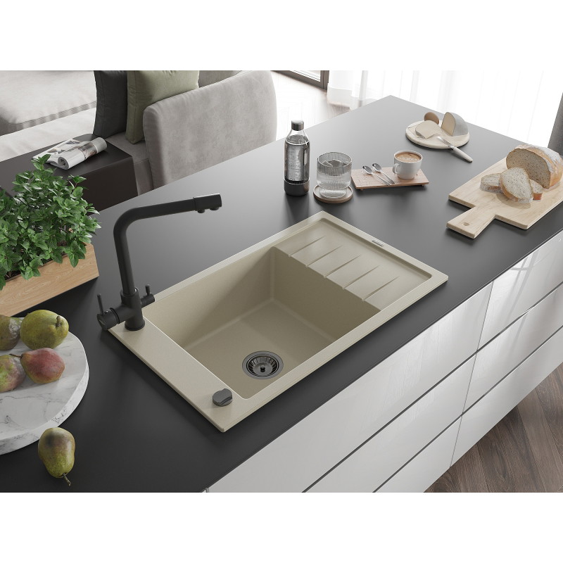 Mexen Elias Granitspüle 1-beckig mit Abtropffläche und Küchenarmatur Duero, beige - 6511-69-671600-70