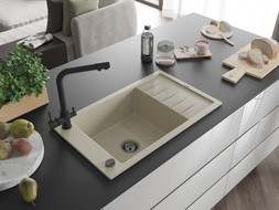 Mexen Elias Granitspüle 1-Becken mit Abtropffläche und Küchenarmatur Duero, beige - 6511-69-671600-70