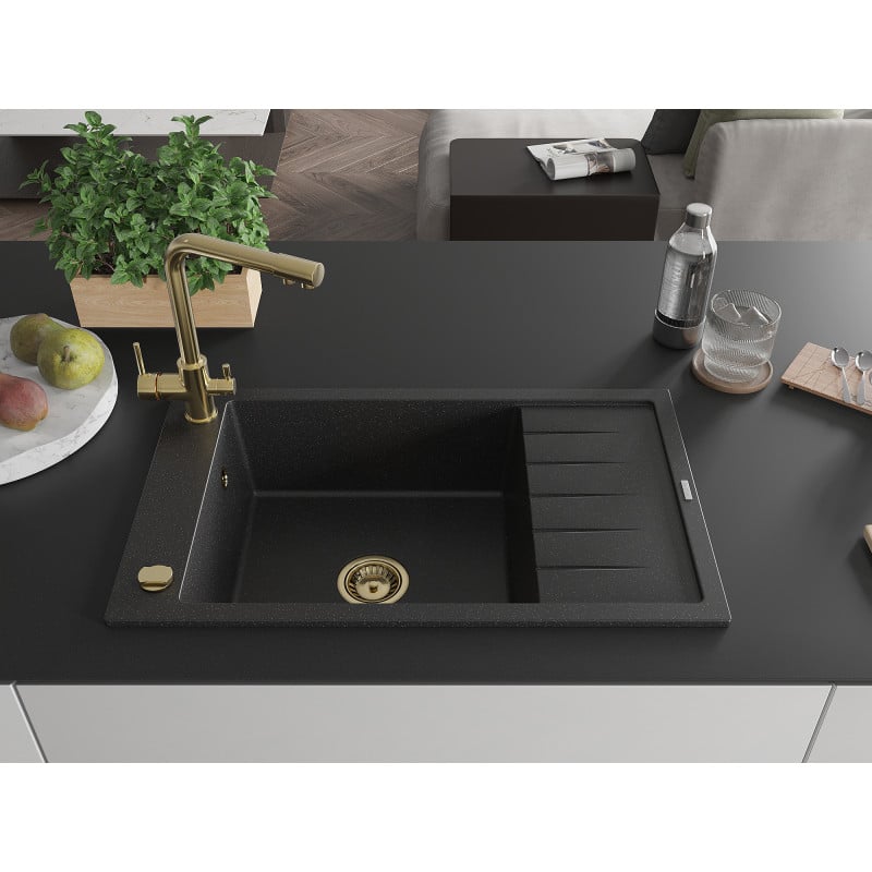 Mexen Elias Granitspüle 1-beckig mit Abtropffläche und Küchenarmatur Duero, schwarz/silber-metallic - 6511-73-671600-50