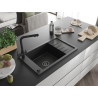 Mexen Elias Granitspüle 1-becken mit Abtropffläche und Küchenarmatur Duero, schwarz/silber Metallic - 6511-73-671600-70-B