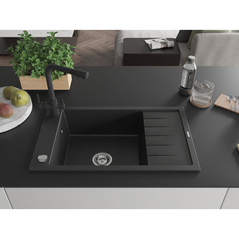 Mexen Elias Granitspüle 1-Becken mit Abtropffläche und Küchenarmatur Duero, Schwarz/Silber Metallic - 6511-73-671600-70