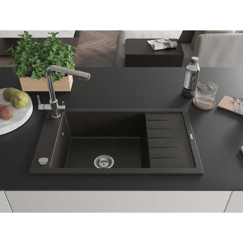 Mexen Elias Granitspüle 1-Becken mit Abtropffläche und Küchenarmatur Duero, schwarz/gold metallic - 6511-75-671600-00