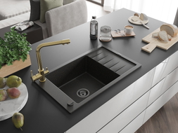 Mexen Elias Granitspüle 1-Becken mit Abtropffläche und Küchenarmatur Duero, schwarz/gold metallic - 6511-75-671600-50-B