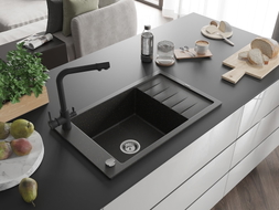 Mexen Elias Granitspüle 1-beckig mit Abtropffläche und Küchenarmatur Duero, schwarz/gold metallic - 6511-75-671600-70