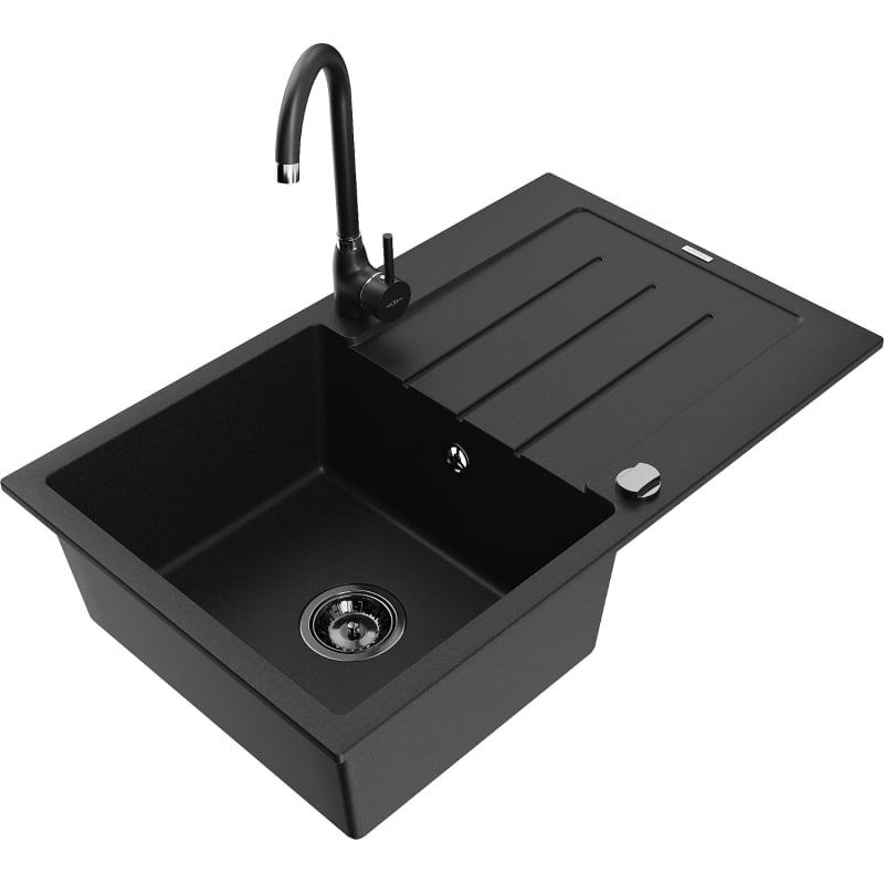 Mexen Bruno granitspüle, ein Becken mit Abtropffläche und Küchenarmatur Telma, schwarz - 6513-77-670200-70-B