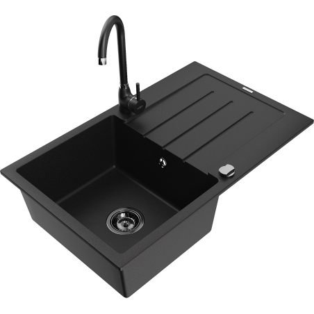 Mexen Bruno granitspüle, ein Becken mit Abtropffläche und Küchenarmatur Telma, schwarz - 6513-77-670200-70-B