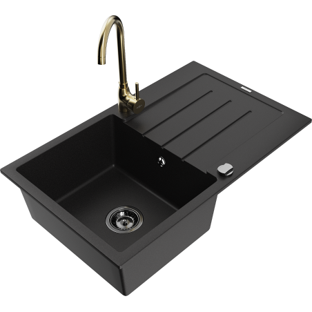 Mexen Bruno Granitspüle 1-Becken mit Abtropffläche und Küchenarmatur Telma, schwarz - 6513-77-670200-50-B