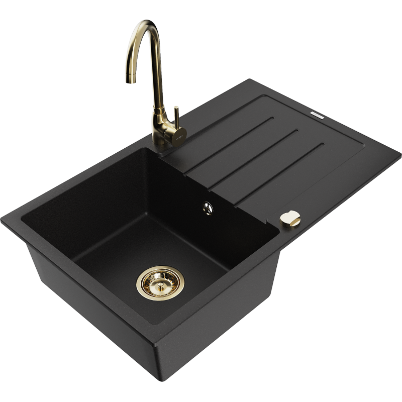 Mexen Bruno Granitspüle 1-Becken mit Abtropffläche und Küchenarmatur Telma, schwarz - 6513-77-670200-50
