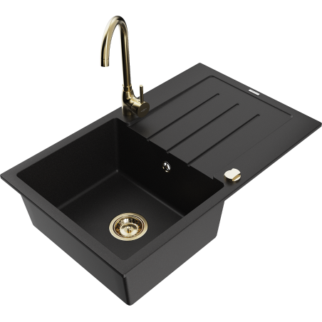 Mexen Bruno Granitspüle 1-Becken mit Abtropffläche und Küchenarmatur Telma, schwarz - 6513-77-670200-50