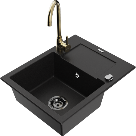 Mexen Enzo Granitspüle 1-becken mit Abtropfbecken und Küchenarmatur Telma, schwarz - 6506-77-670200-50-B
