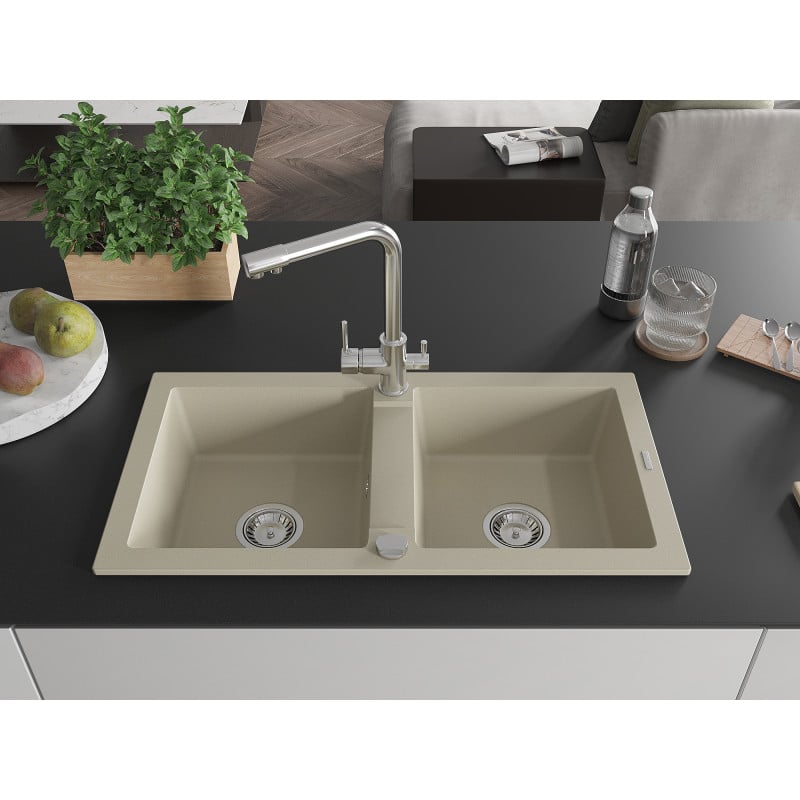 Mexen Mario 2-Kammer Granitspüle mit Küchenarmatur Duero, beige - 6504-69-671600-00