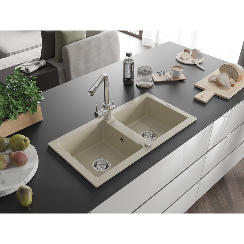 Mexen Mario 2-Kammer Granitspüle mit Küchenarmatur Duero, beige - 6504-69-671600-00