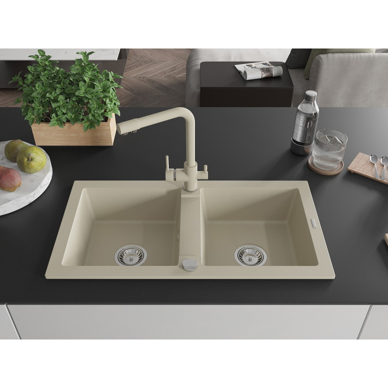 Mexen Mario Granitspüle 2-Kammern mit Küchenarmatur Duero, beige - 6504-69-671600-69