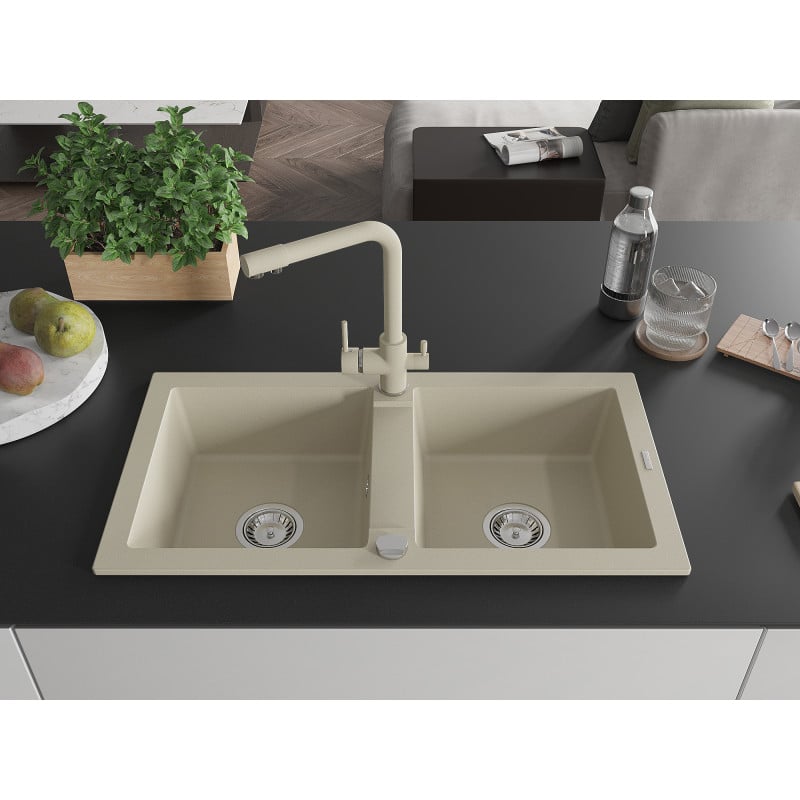 Mexen Mario Granitspüle mit 2 Becken und Küchenarmatur Duero, beige - 6504-69-671600-69