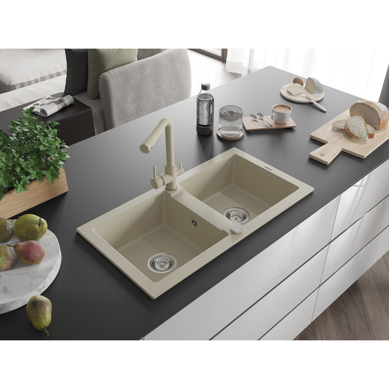Mexen Mario Granitspüle 2-Kammern mit Küchenarmatur Duero, beige - 6504-69-671600-69