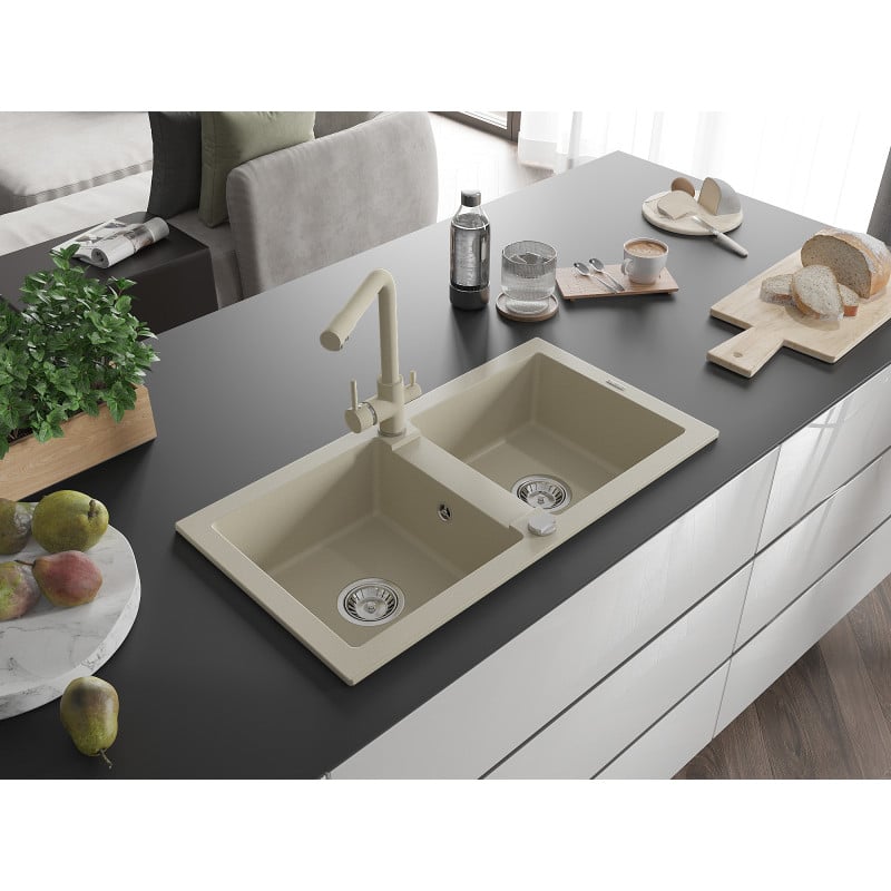 Mexen Mario Granitspüle mit 2 Becken und Küchenarmatur Duero, beige - 6504-69-671600-69