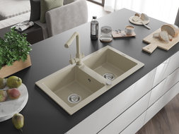 Mexen Mario Granitspüle 2-Kammern mit Küchenarmatur Duero, beige - 6504-69-671600-69