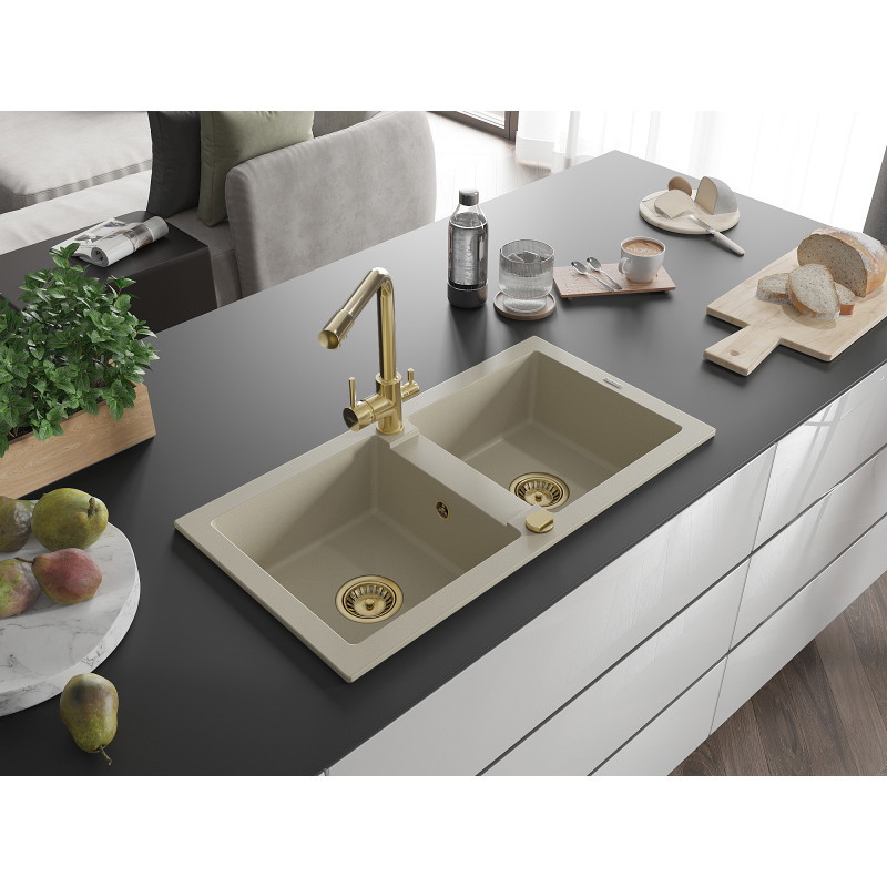 Mexen Mario Granitspüle 2-Becken mit Küchenarmatur Duero, beige - 6504-69-671600-50