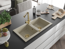 Mexen Mario Granitspüle 2-Becken mit Küchenarmatur Duero, beige - 6504-69-671600-50