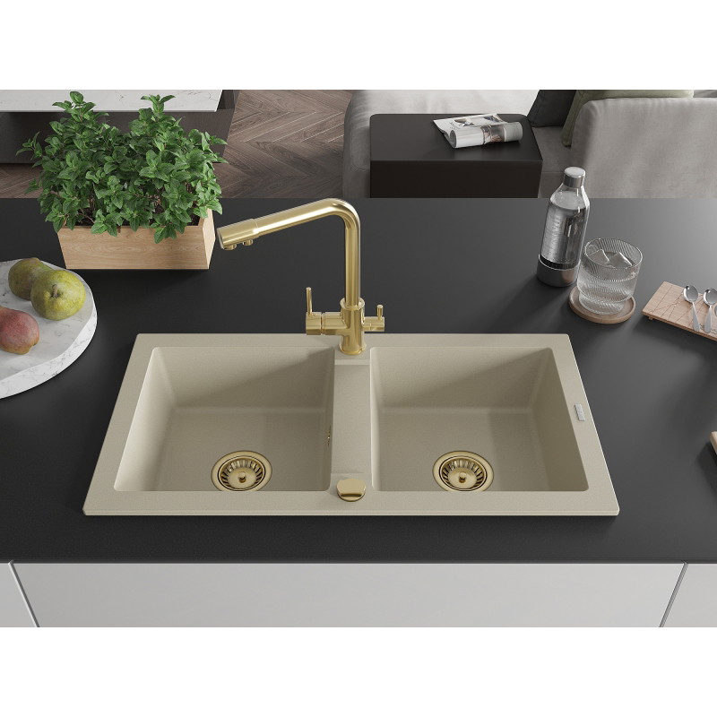 Mexen Mario Granitspüle 2-Kammern mit Küchenarmatur Duero, beige - 6504-69-671600-50