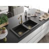 Mexen Mario Granit-Spülbecken 2-Kammer mit Küchenarmatur Duero, schwarz/silber metallic - 6504-73-671600-50