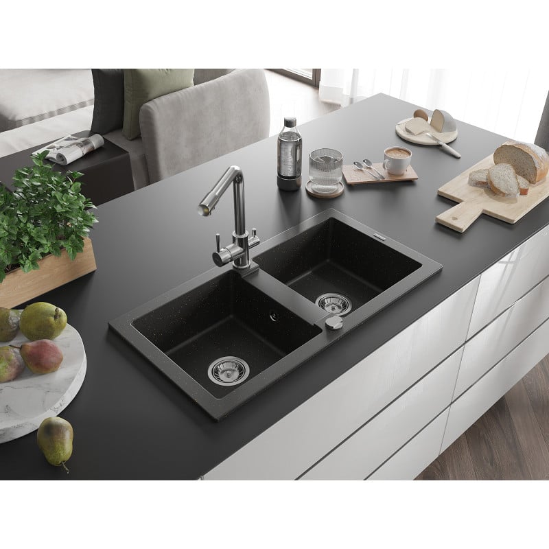 Mexen Mario Doppelkammer Granitspüle mit Küchenarmatur Duero, schwarz/gold metallic - 6504-75-671600-00
