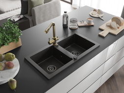 Mexen Mario Granitspüle 2-Kammer mit Küchenarmatur Duero, Schwarz/Gold Metallic - 6504-75-671600-50-B