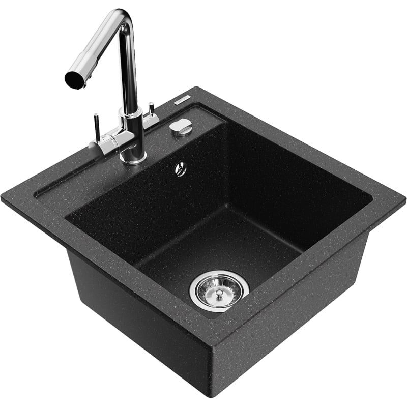Mexen Vito Granitspüle 1-Becken mit Küchenarmatur Duero, schwarz/silber metallic - 6503-73-671600-00