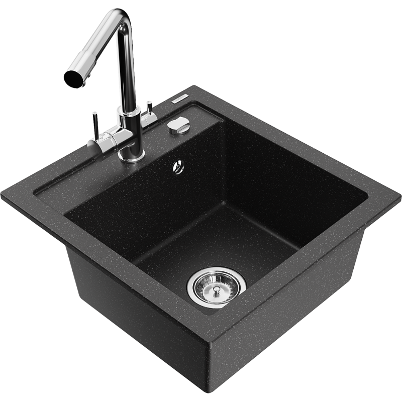 Mexen Vito Granitspüle 1-beckig mit Küchenarmatur Duero, schwarz/silber metallic - 6503-73-671600-00