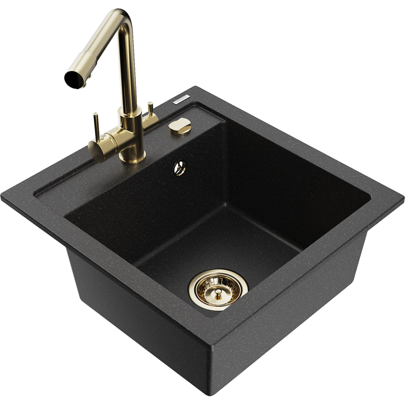 Mexen Vito Granitspüle 1-Becken mit Küchenarmatur Duero, schwarz/silber metallic - 6503-73-671600-50