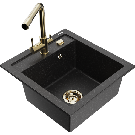 Mexen Vito Granitspüle 1-Becken mit Küchenarmatur Duero, schwarz/silber metallic - 6503-73-671600-50