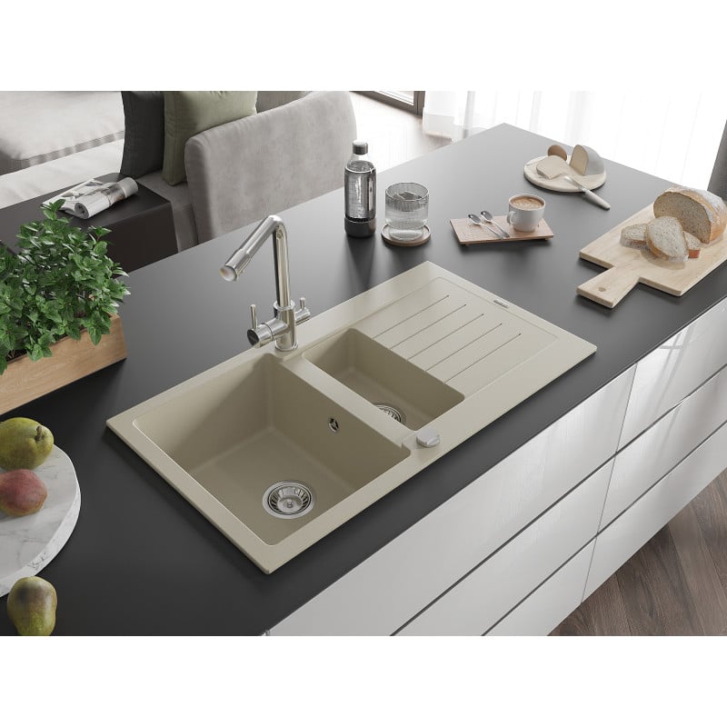 Mexen Matias Granitspüle 1,5 Becken mit Abtropffläche und Küchenarmatur Duero, beige - 6502-69-671600-00