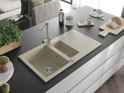 Mexen Matias Granitspüle 1,5 Becken mit Abtropffläche und Küchenarmatur Duero, beige - 6502-69-671600-00