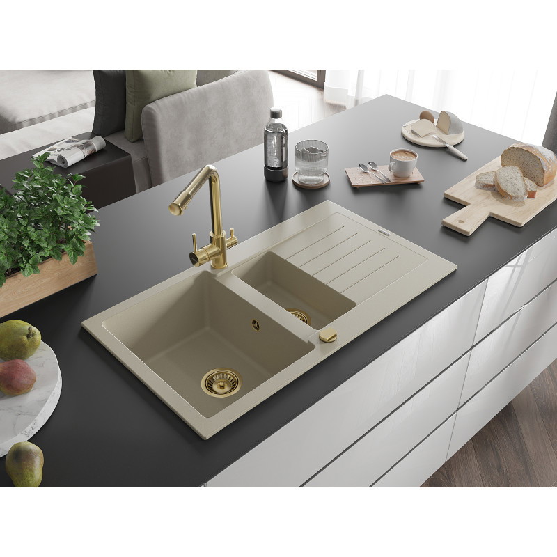 Mexen Matias Granitspüle 1,5-fach mit Abtropffläche und Küchenarmatur Duero, beige - 6502-69-671600-50