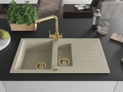 Mexen Matias Granitspüle 1,5-fach mit Abtropffläche und Küchenarmatur Duero, beige - 6502-69-671600-50
