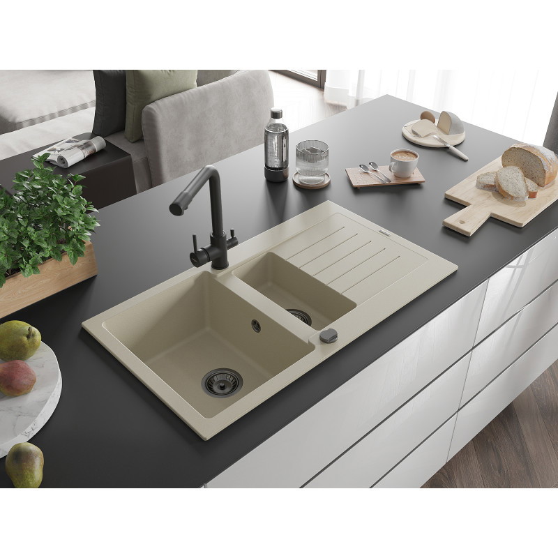 Mexen Matias Granitspüle 1,5-beckig mit Abtropffläche und Küchenarmatur Duero, beige - 6502-69-671600-70