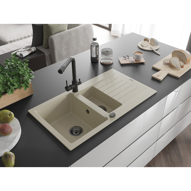 Mexen Matias Granitspüle mit 1,5 Becken, Abtropffläche und Küchenarmatur Duero, beige - 6502-69-671600-70
