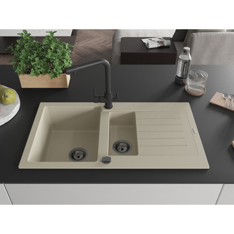 Mexen Matias Granitspüle 1,5-beckig mit Abtropffläche und Küchenarmatur Duero, beige - 6502-69-671600-70