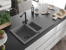 Mexen Matias granitspüle 1,5-becken mit abtropffläche und küchenarmatur Duero, grau - 6502-71-671600-70-B